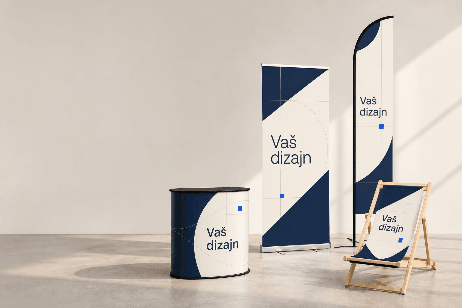 Roll-up, beach flag, promotivna ležaljka i promo pult s natpisom Vaš dizajn