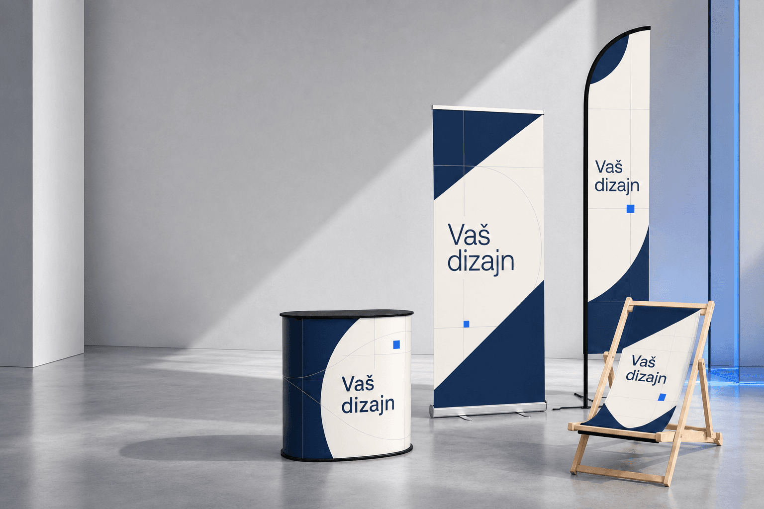 Roll-up, beach flag, promotivna ležaljka i promo pult s natpisom Vaš dizajn