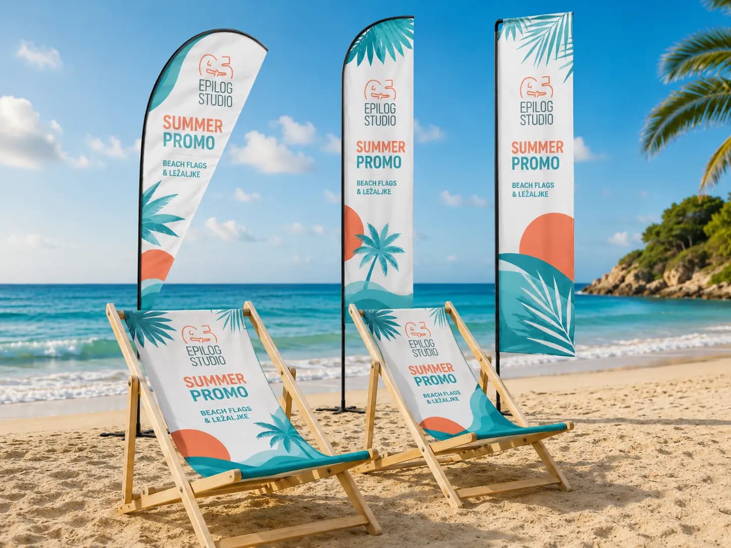 Brendirani beach flagovi i ležaljke na plaži — Epilog studio